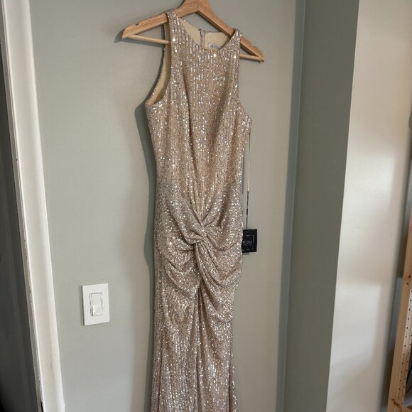 Mac Duggal sequined high neck nude silver side knot gown - Picture 1 of 4